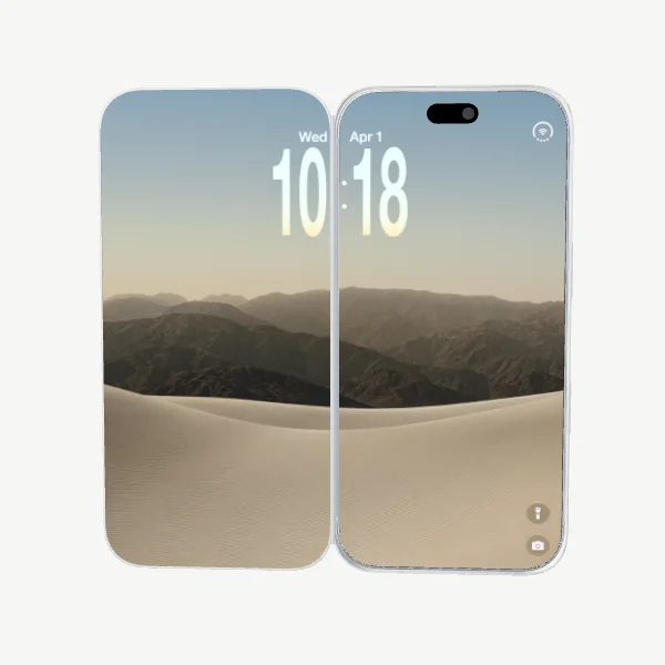 Open dual-screen iPhone case with wallpaper extending across the inner cover and iPhone display.