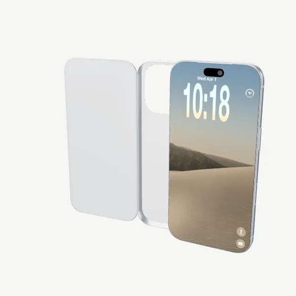iPhone removed from the open dual-screen flip case, revealing the separate phone and case shell.